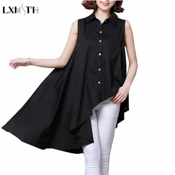

LXMSTH 2019 Summer New Sleeveless Shirt Women Asymmetric Fashion Plus Size Cotton Blouses Elegant Loose Long Casual Blouse Black