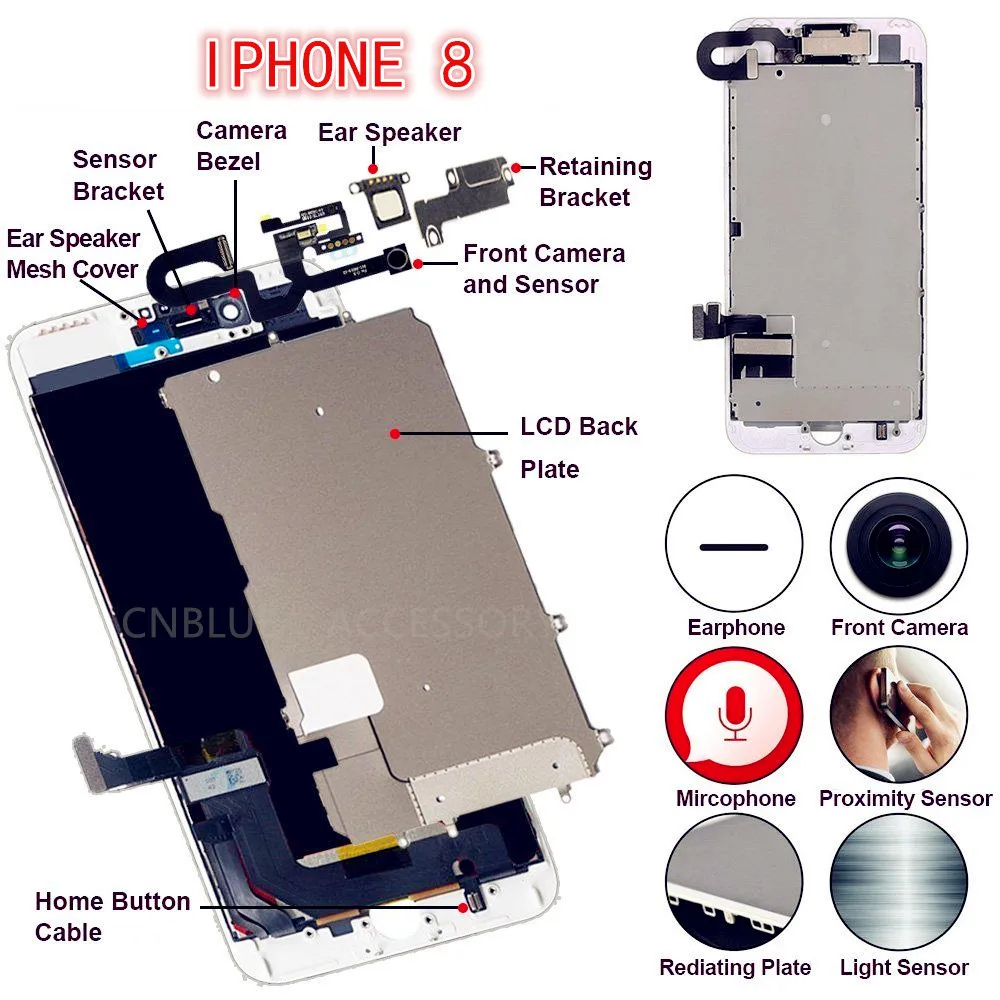 

4.7/5.5 For iPhone8/8Plus Full Set Complete LCD Display Digitizer Assembly Replacement Good 3D Touch Front Camera Speaker