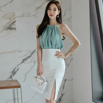 

Summer Halter Chiffon Vest Top Bodycon Midi White Skirt Two Piece Sets Sexy Party Suit Dress