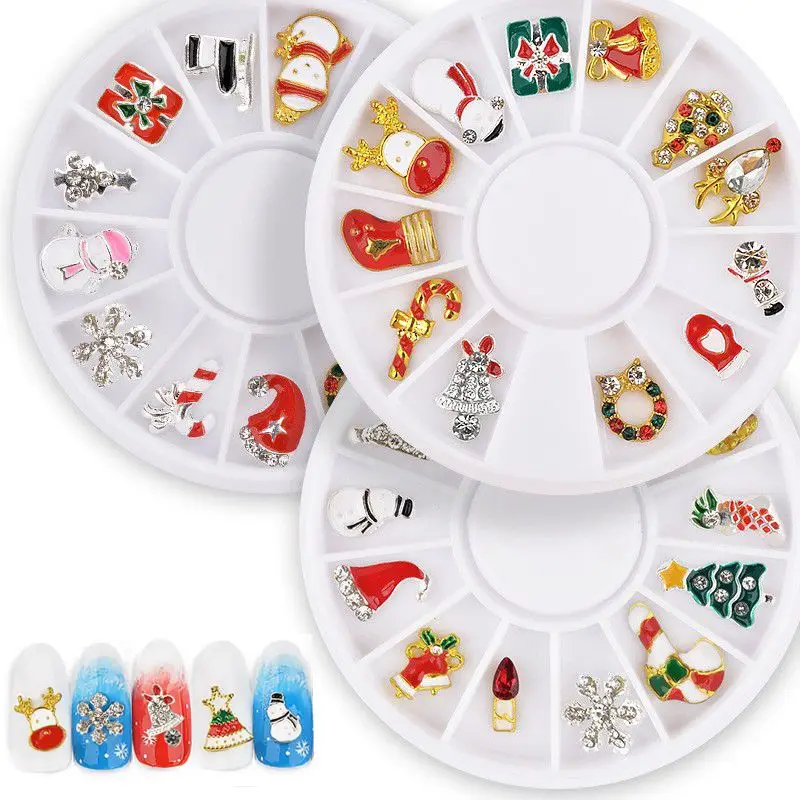 

1 Wheel Christmas Nail Alloy Ornaments Xmas Tree/Snowman/Socks/Reindeer Shape Nail Art Decoration Stickers For Xmas Party NRW020