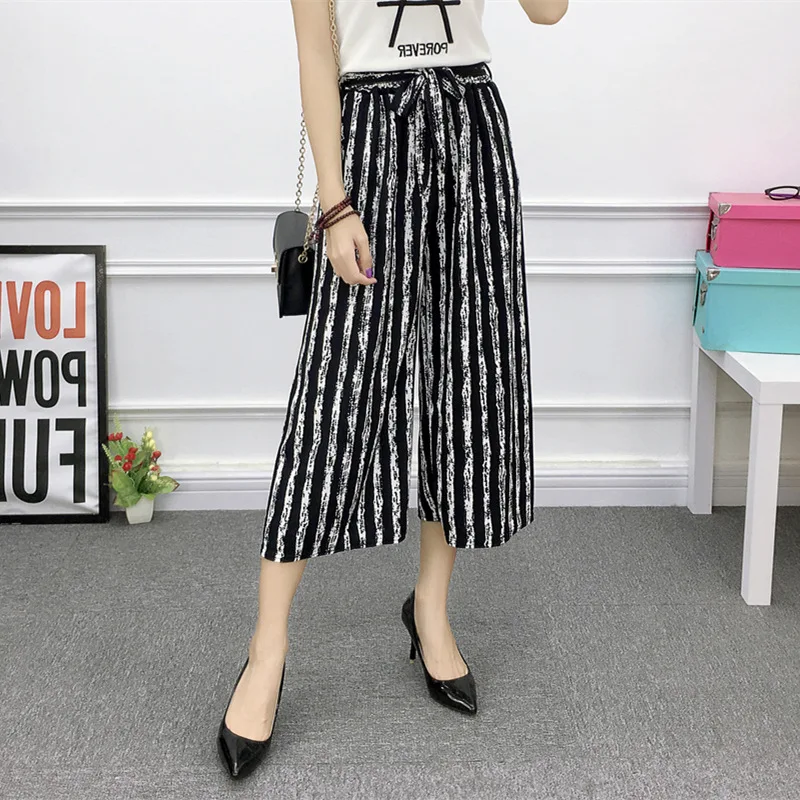 

Spring Summer 2018 Women Pants Bow Tie Black Striped Leisure Wide Leg Pants Fashion Sweet Striped Calf Length Pants Belt Thin