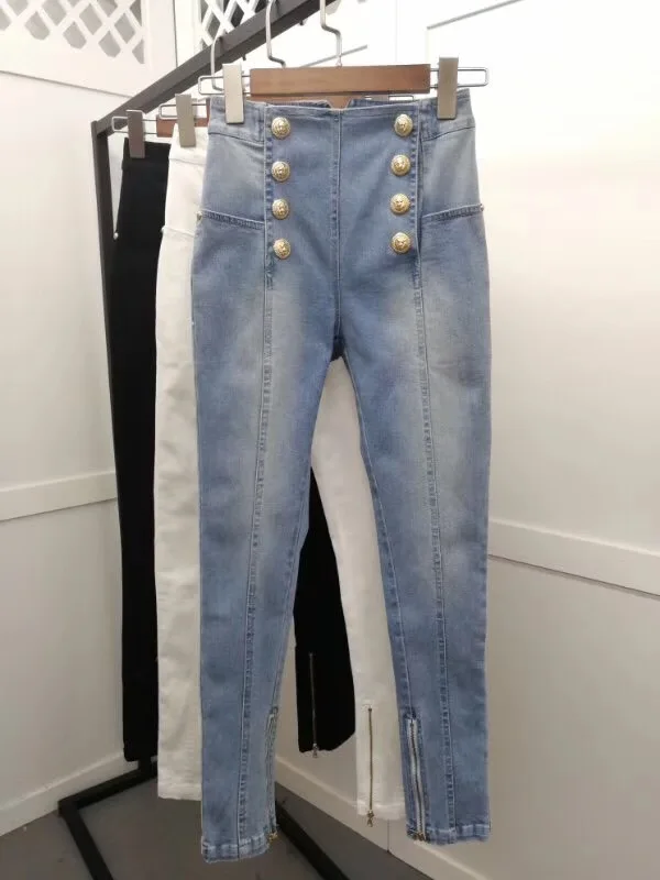 

New summer European female fashionable tone custom double row gold buckle Cultivate morality show thin joker jeans