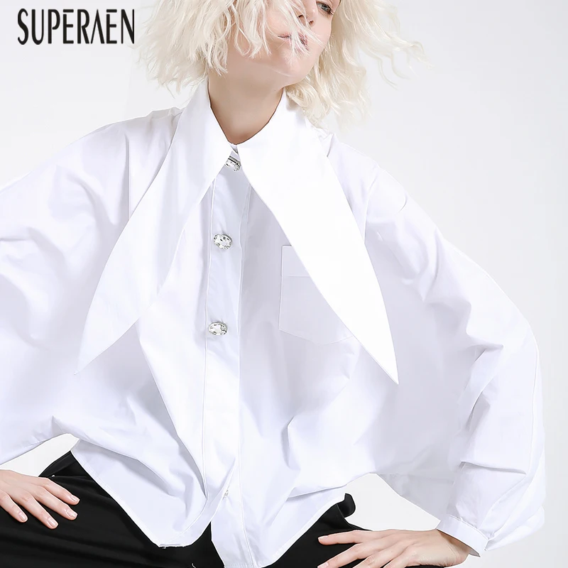  SuperAen Fashion Women White Shirts Long Sleeve Wild Cotton Blouses and Tops Female Autumn New 2019