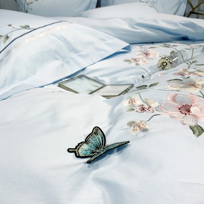 Синий роскошный китайский стиль Бабочка Цветы Вышивка постельное белье из египетского хлопка набор пододеяльник простыня/льняной чехол для подушки 4 шт