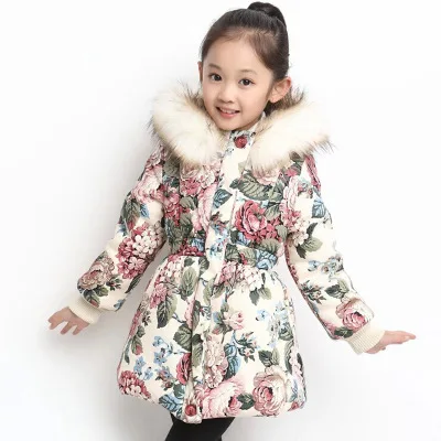 Зимние куртки для маленьких девочек, детские модные парки с цветочным принтом для девочек теплая куртка из плотного флиса для детей возрастом от 3 до 11 лет, верхняя одежда - Цвет: beige