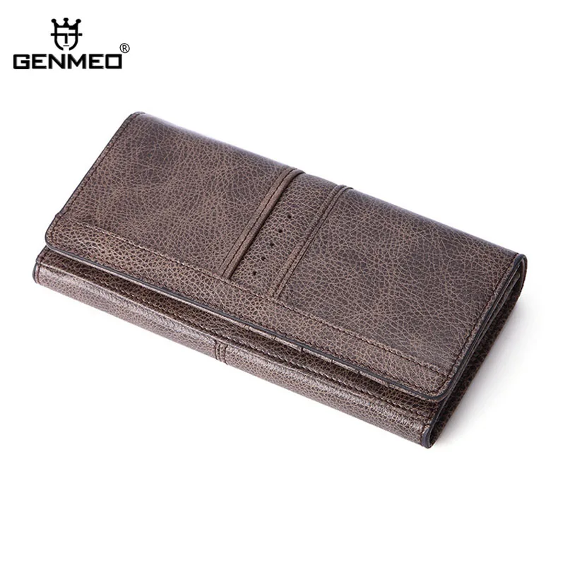 

GENMEO New Genuine Leather Wallet Men Cow Leather Purse with Card Holders Long Clutch Bag with Zipper Coin Purse Bolsa Feminina