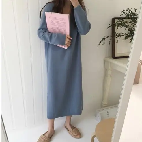 

Women Autumn Winter Long Sleeve Long Sweater Dress Female Pullover Straight Knitted Solid Korean Clothes Plus Size Robe Femme LJ