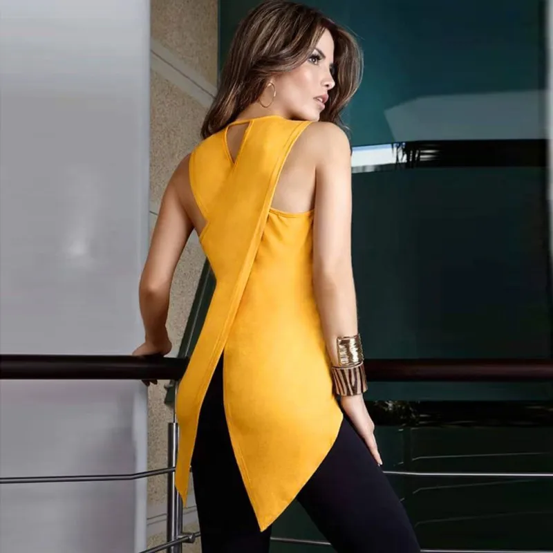 

2018 Summer New Sexy Sleeveless T-shirt Yellow Cross Sexy Ladies Sleeveless O-neck Slim Dovetail T Shirt Women Plus Size