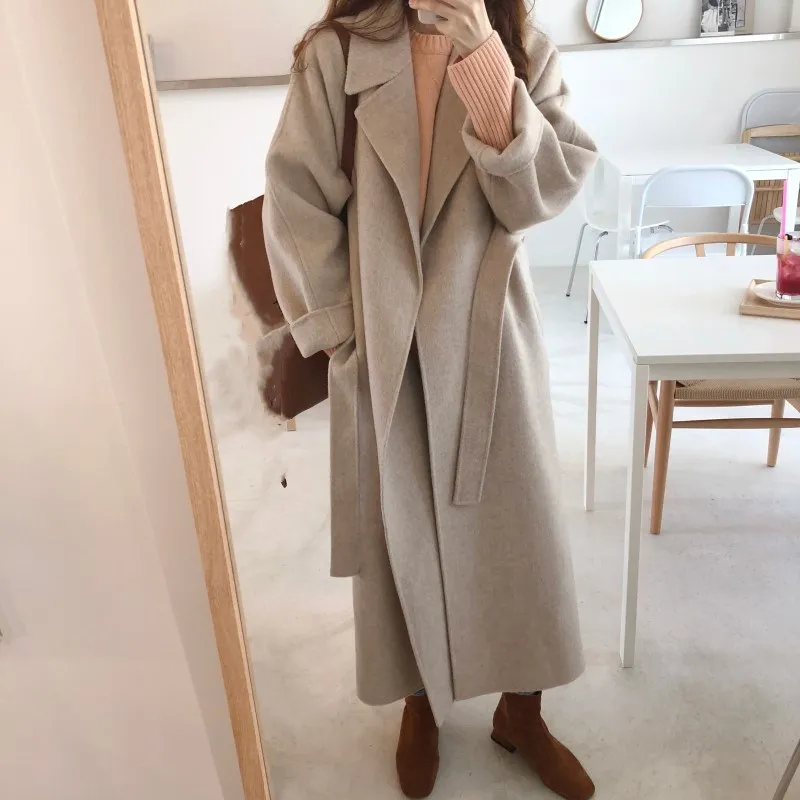 

2018 Autumn Winter Turn-Down Collar Blends Overcoat Solid Elegant Sashes Long Outwear Women Long Sleeve Woolen Coats