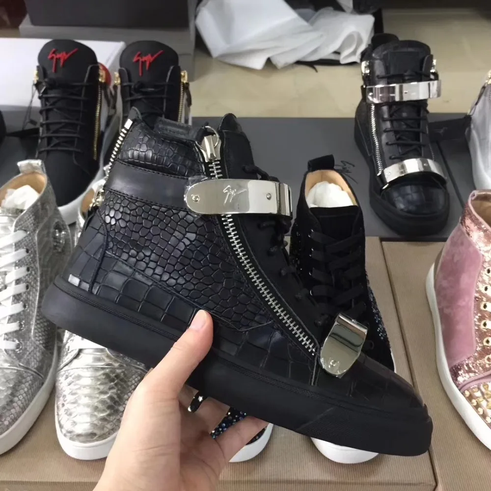 

Authentic Giuseppe x zanotti design Black GZ Genuine Leather Sneakers Hight Casual Shoes Men's and Women's Dress Shoes