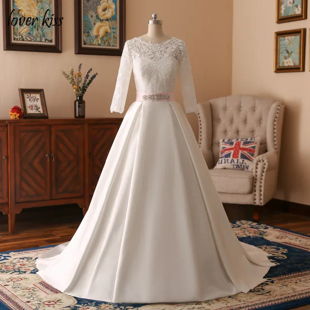 Lover Kiss Vintage A Line Satin Ivory Wedding Dress Long Sleeve Lover Kiss Vintage A Line Satin Ivory Wedding Dress Long Sleeve Liques Lace Low Back Bridal