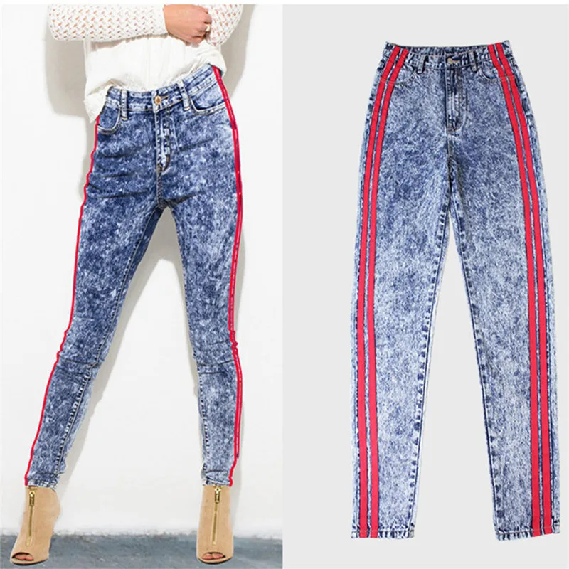 2018 новые модные зимние ASOS уличная Высокая талия джинсы женщина стороны в красную полоску прямые джинсовые штаны женские