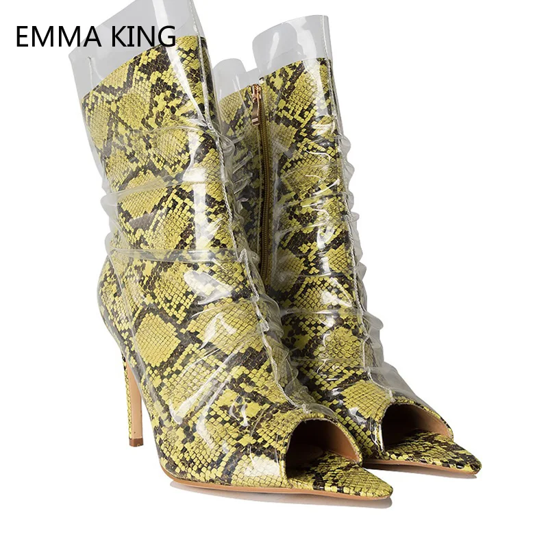 

Sexy Yellow Snakeskin PVC Peep Toe Chelsea Boots Women Shoes Stilettos Heel 10cm Zipper High Heels Women Ankle Boots Size 35-43