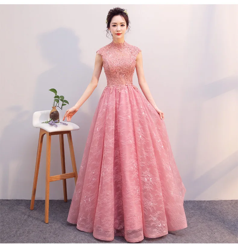 Vestido madrinha new lace high neck cap sleeves open A Line blush pink bridesmaid dress long robe demoiselle honneur plus size - Цвет: blush pink