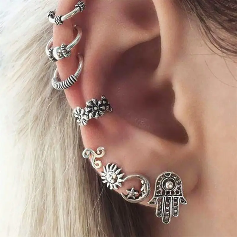 

Fashion Jewelry Punk Style 8pcs/set Earring Sets Tibetan Carved Flower Fatima Hand Moon Star Earrings For Women 1406