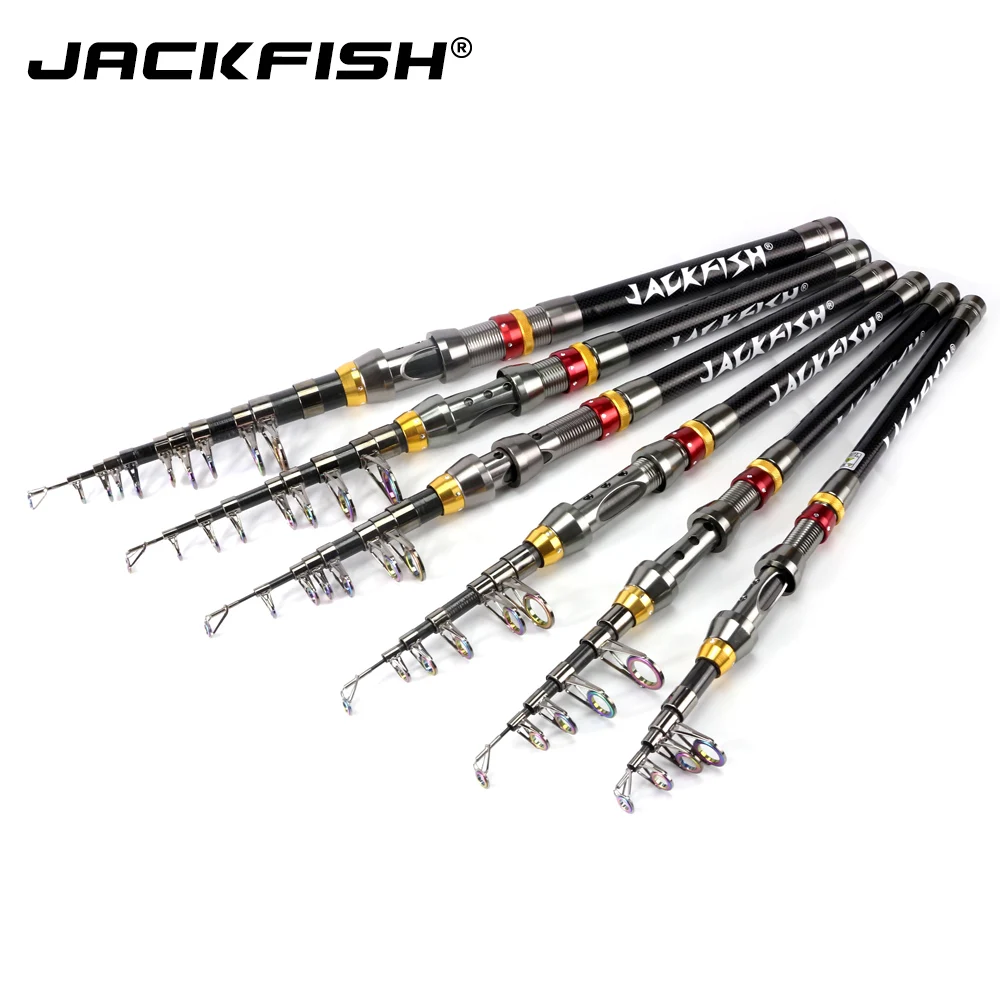 JACKFISH 99% ألياف الكربون تلسكوبي الصيد قضيب 1.8-3.6 m قصيرة البحر قضبان تلسكوبي الصيد رود غزل قصبة صيد خشبية
