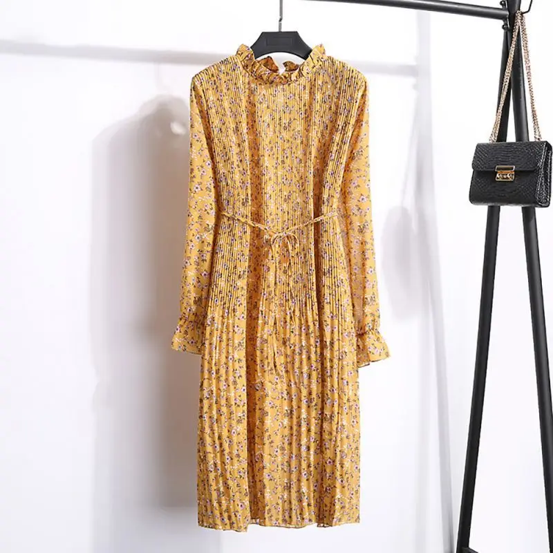 

Women Chiffon Stand Collar Dress Loose Long Sleeve Floral Print Pleated Lace Strap Elastic Waist Dress