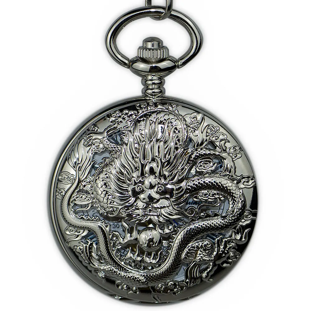 Античная китайская Скульптура Дракон Механические карманные часы ретро с римскими цифрами скелетоны Механические карманные часы PJX1334PJX1334