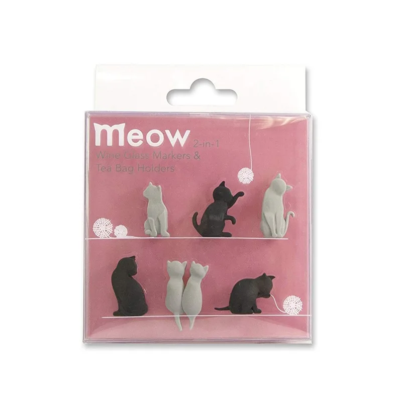 6Pcs/Set Silicone Meow Wine Glass Markers Black and White Cat Drinking Buddy Cup Identification Tea Bag Holders