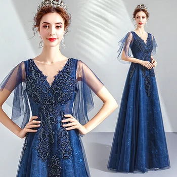 

Elegant Tulle Royal Blue Prom Dresses with Lace Appliqued V Neck Illusion Sleeves Evening Party Gowns Vestidos elegantes de gala