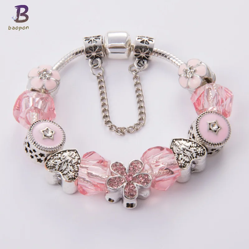 BAOPON Новая Весенняя коллекция Посеребренная Очаровательная Браслет для женщин с розовым цветком из муранского стекла BR311