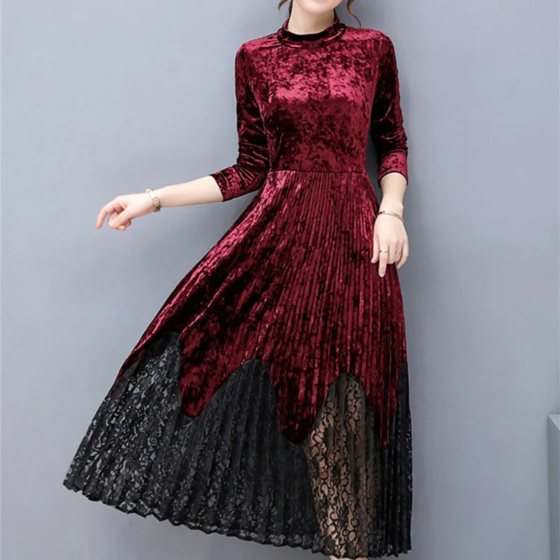 

Women Spring Autumn Elegant Velvet Long Sleeve Dresses Vintage Work Business Office Party A-line Long Dress Fashion Vestidos