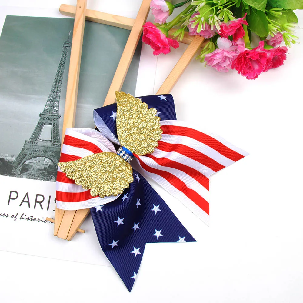 

AHB 4th of July Large Hair Bows for Girls Cheer Bows with Hair Elastic Band Gold Wing Independence Day Festival Party Headwear