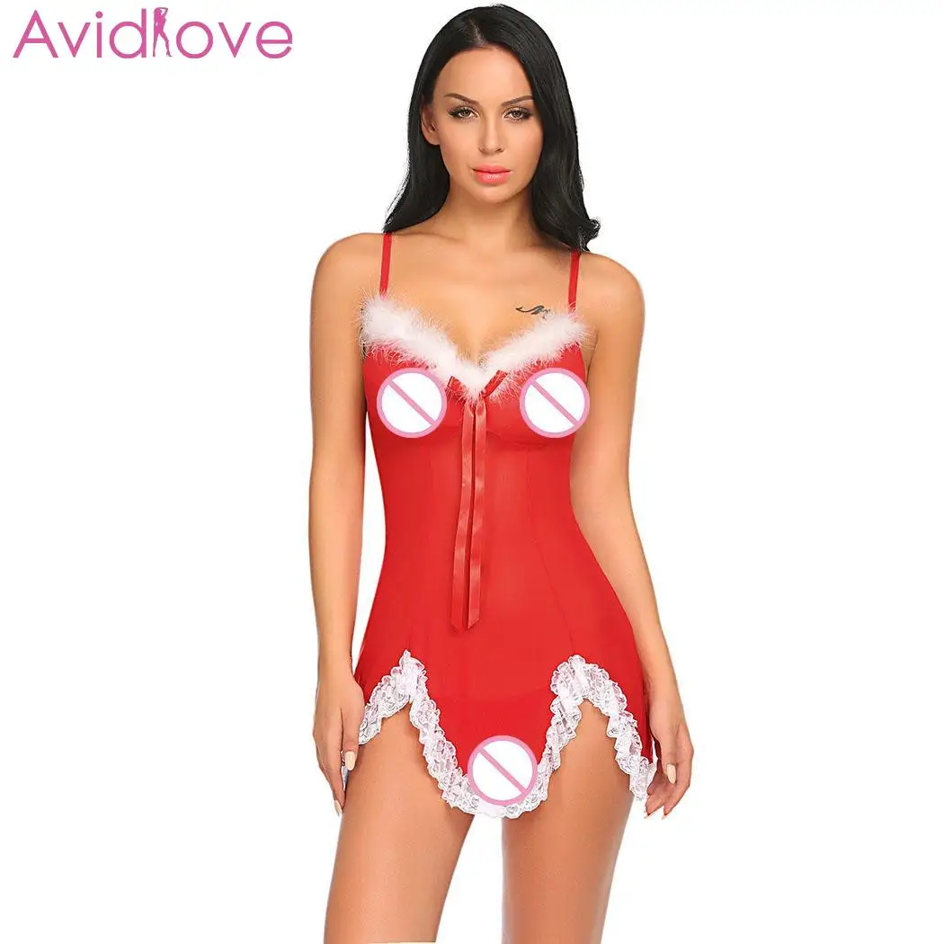 Avidlove Рождественская Babydoll женское сексуальное нижнее белье Горячее Эротическое Нижнее белье эротическая ночная рубашка lenceria с кружевной отделкой и завязками - Цвет: Red