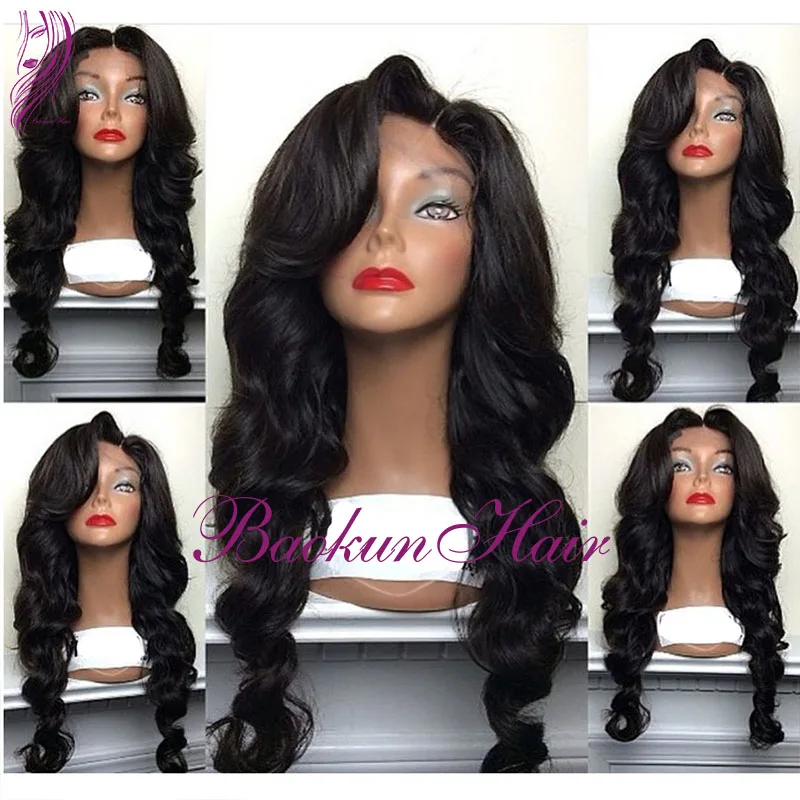 

2017 Hot Style Long Body Wave Synthetic Lace Front Wig With Bangs Color #1B 180C heat resistant fiber Synthetic Wigs For women