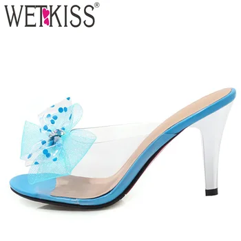 

WETKISS High Heels Slippers Woman Peep Toe Footwear Polka Dot Slides Shoes Female Mules Mesh Butterfly Knot Shoes Woman Summer