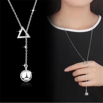 

New Personality Geometric Triangle 925 Sterling Silver Fashion Jewelry Female Long Sweater Chain Pendant Necklaces N472