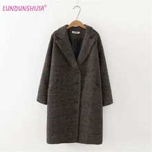 LUNDUNSHIJIA Новое поступление зимняя одежда шерстяная куртка Женская Корейская версия длинного свободного большого размера клетчатое шерстяное пальто