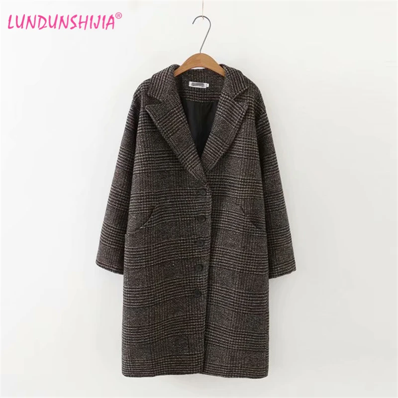

LUNDUNSHIJIA New Arrival 2018 Winter Clothing Woolen Jacket Female Korean Version Of The Long Loose Large Size Plaid Woolen Coat
