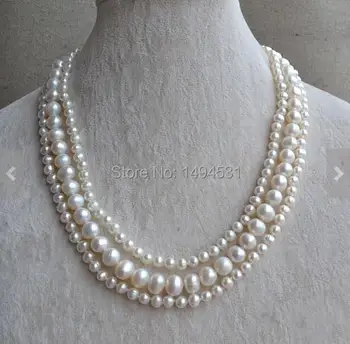 

Wholesale Pearl Jewelry - 17-19 Inches 5.5-9mm 3 Rows White Color Genuine Freshwater Pearl Necklace Magnet Clasp - Free Shipping