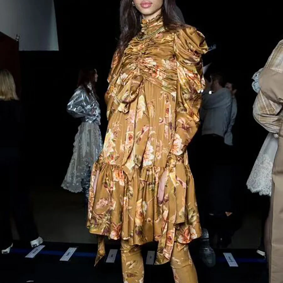 

2019 Summer Vintage Stayle Elegant Women Dress Stand Collar Empire Design Print Ruffles Draped Hard Work Runway Slim Mini Dress