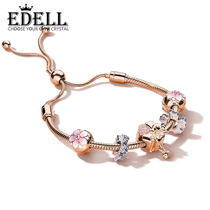 

EDELL 100% 925 Sterling Silver Brand New Bracelet Set Magnolia Flower and Ever Blooming Charm Rose Gold Bracelet Set Elegant