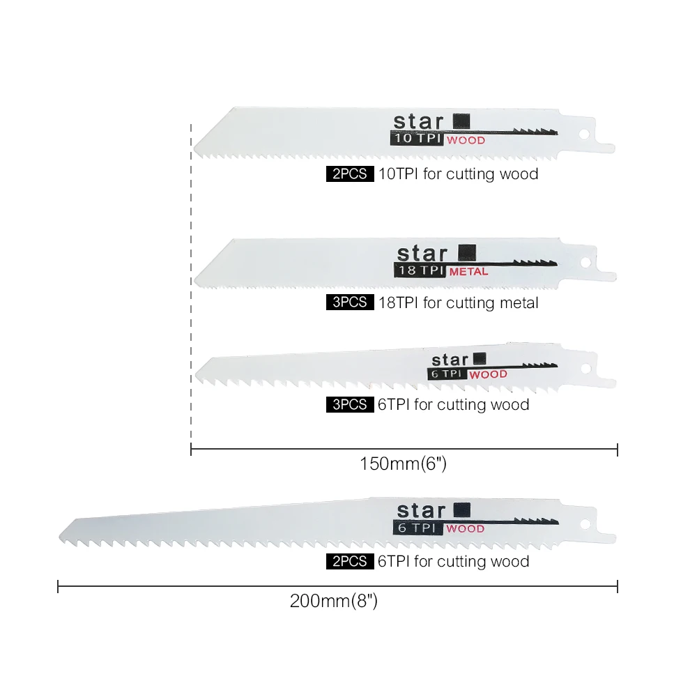 Возвратно-поступательная пила, набор сеть, дерево, металл, быстрая резка, пила, ленточная пила, 3 шт., 6 дюймов, 6TPI+ 2 шт., 8 дюймов, 6TPI+ 2 шт., 6 дюймов, 10TPI+ 3 шт., 6 дюймов, 18TPI