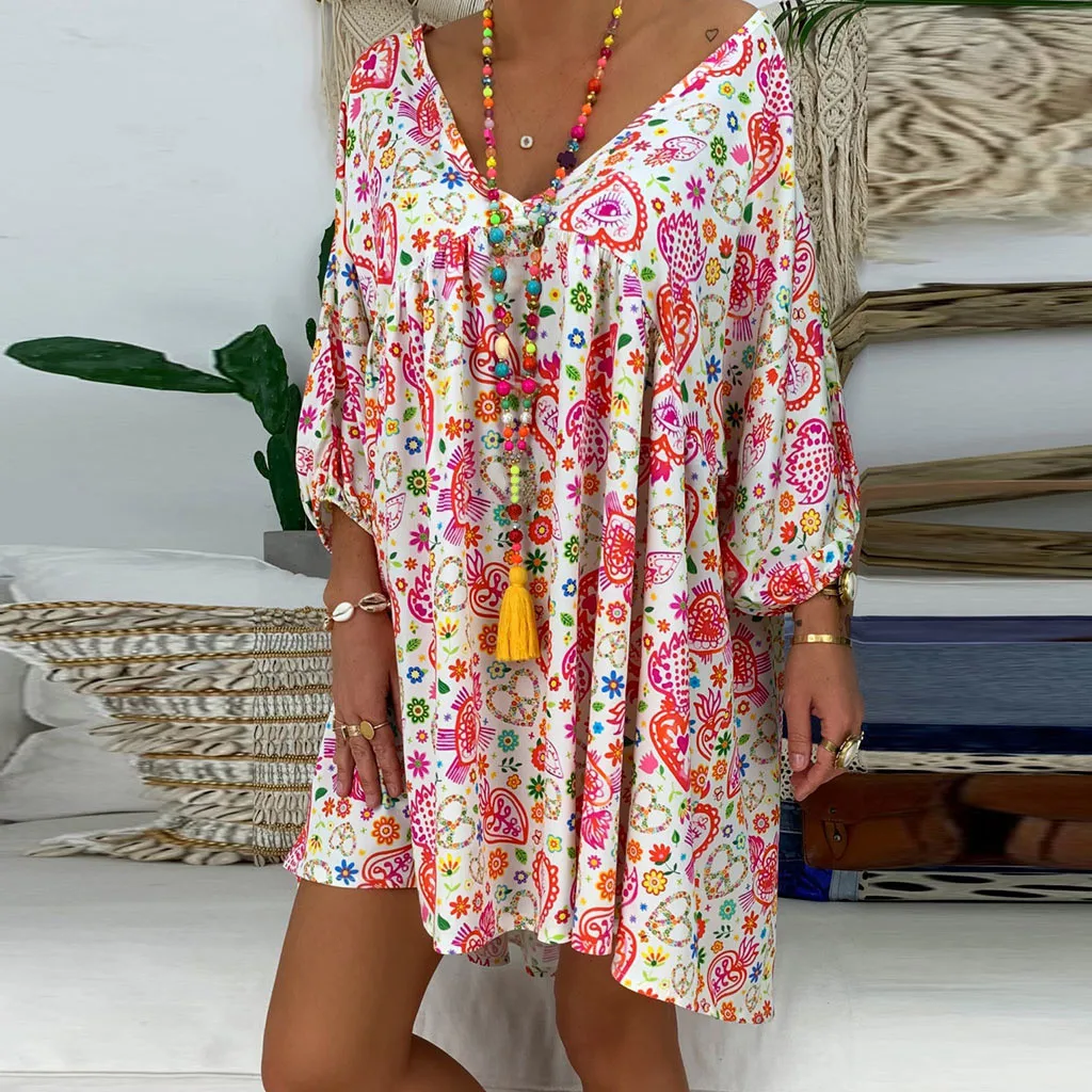 

Plus Size Vintgae Summer Women's Casual Dress Ladies Loose Print Three Quarter Sleeve Dress Summer Cotton Dress L0620