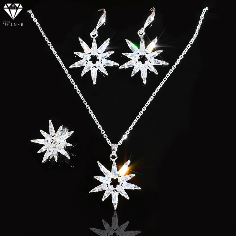 

WIN-B White gold Elegant AAA Zircon Necklace Set Crystal Three-piece Set Snowflower Necklace Ear Rings Jewelry Set Party