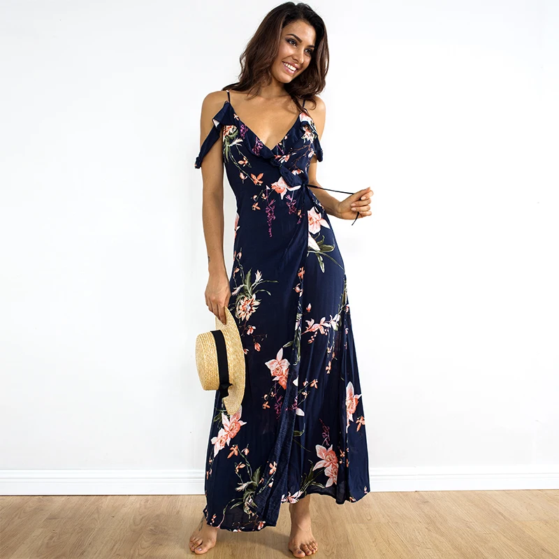 ShejoinSheenjoy Vintage Floral Print Women Long Dress Wrap Ruffle Frill V-Neck Short Sleeve Bohemian Casual Beach Maxi Dresses (18)