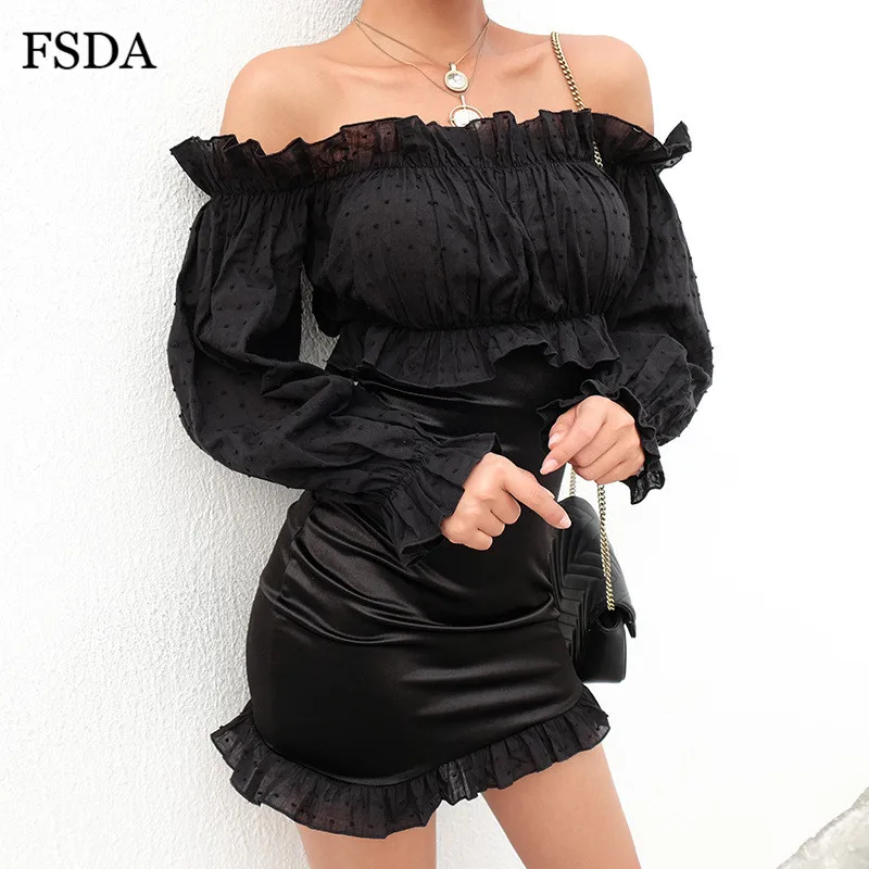 

FSDA Black Off Shoulder Ruffle Bodycon Mini Dress Long Sleeve Strapless Casual Elegant Spring Women Dresses Summer