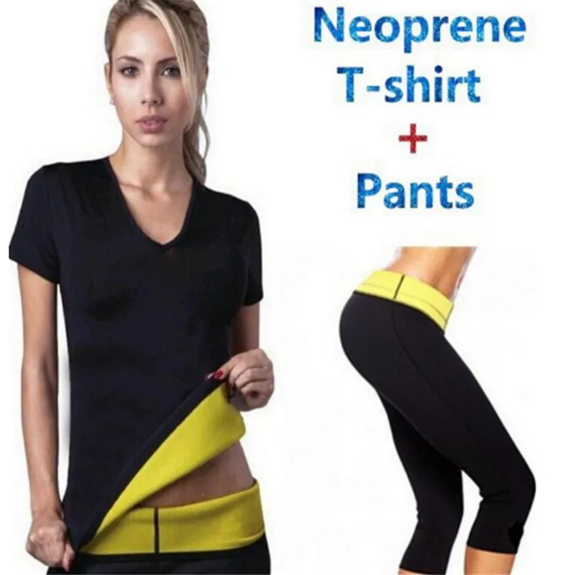 Штаны+ футболка) Супер формочек Управление трусики шорты Для женщин стрейч неопрен рубашка пота для похудения Body Shaper