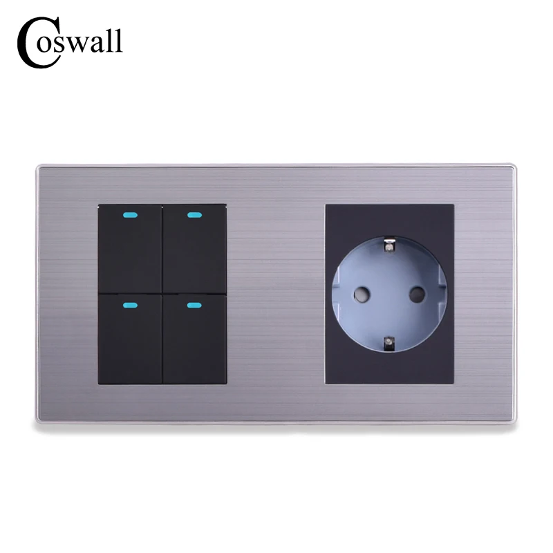 

COSWALL EU Standard Wall Socket + 4 Gang 2 Way On / Off Light Switch With LED Indicator Stainless Steel Panel 160*86mm