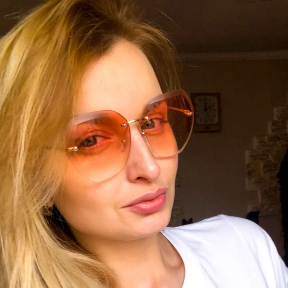 

Brand Designer Sunglasses for Women Rimless Diamond Cutting Lens Shades Sun Glasses Oversize Women's Glasses Round UV400