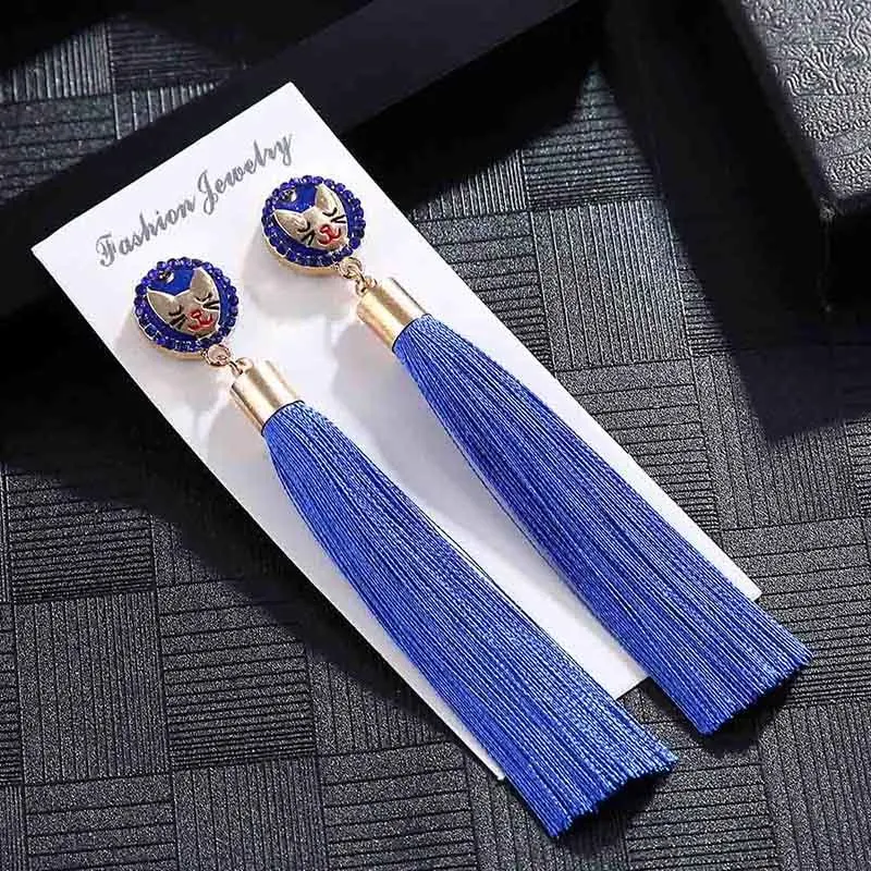 E5871 Trendy Drop Earrings CatWomenLongBohemianBlueSilkBalckDangleMetalBohoGold Tassel Earrings 2018 Jewelry