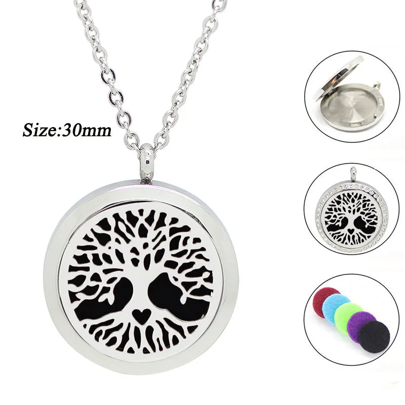 

Fashion Jewelry 316L stainless steel oil diffuser necklace 30mm tree of love magnetic aromtherapy pendant necklace(with 5pads)