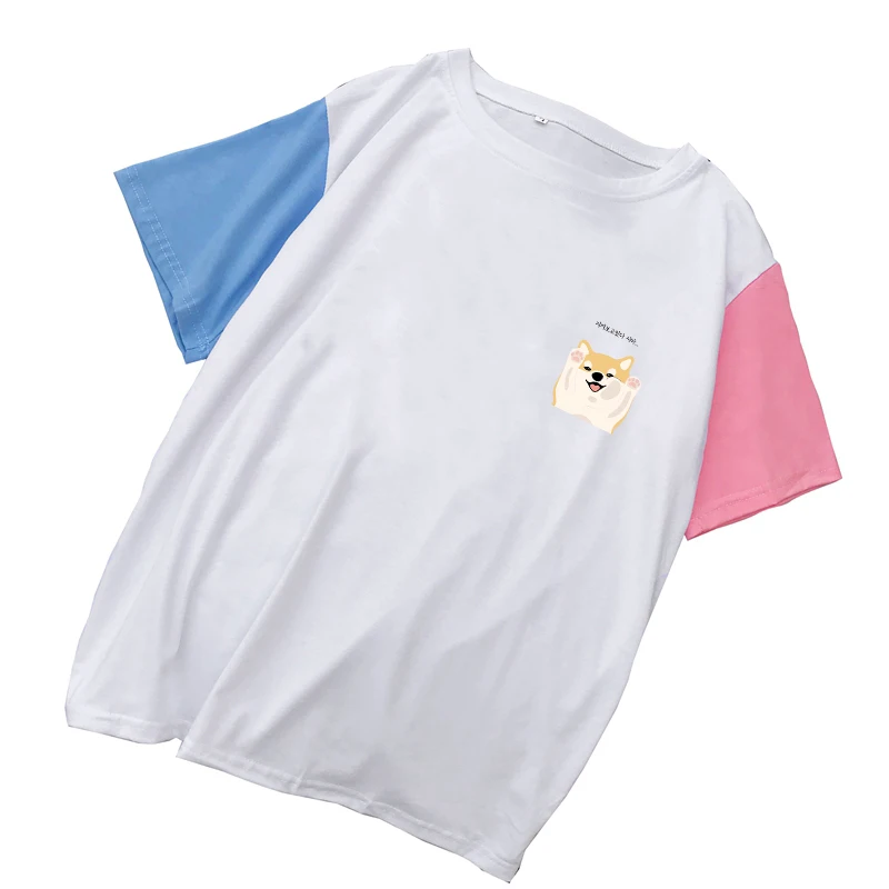 

Women Summer Tee Shirt Femme Funny Cartoon Shiba Harajuku T Shirt Korean Kawaii Streetwear Spell Color Splic Tops Camiseta Mujer