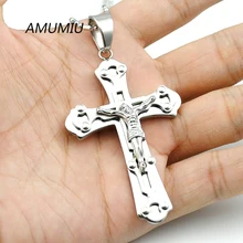 AMUMIU модное серебряное распятие большой крест Иисуса кусок ожерелье высокое качество 316L нержавеющая сталь KP120