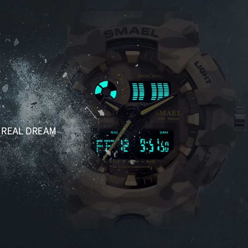 Günstige Neue Camouflage Military Uhr SMAEL Marke Sport Uhren LED Quarz Uhr Männer Sport Armbanduhr 8001 Mens Armee Uhr Wasserdicht