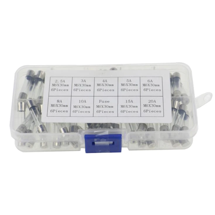 

54Pcs/lot 6*30mm Electrical Assorted Fuse Amp Fast-blow Glass Fuse Mix Set With Box 2.5A 3A 4A 5A 6A 8A 10A 15A 20A With holder